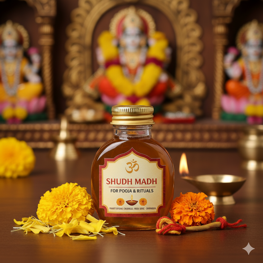 Gemini_Generated_Image_9405ti9405ti9405 bottle of honey for pooja and hawan